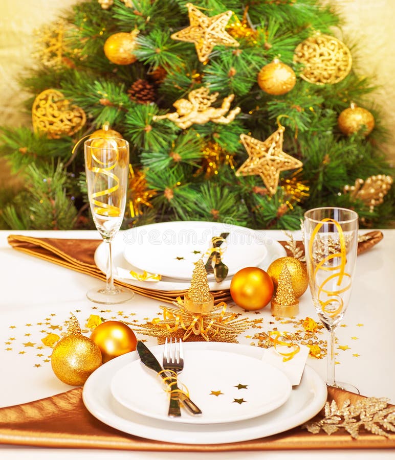 Christmas Eve Dinner Party Table Setting with Decorations Stock Image ...