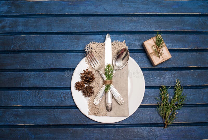 Christmas table setting with christmas decorations. Top view, co stock photos