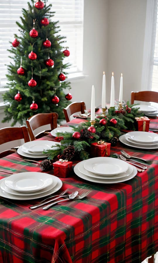 A Christmas Table Setting With A Christmas Tree In The Background. Generative AI royalty free illustration
