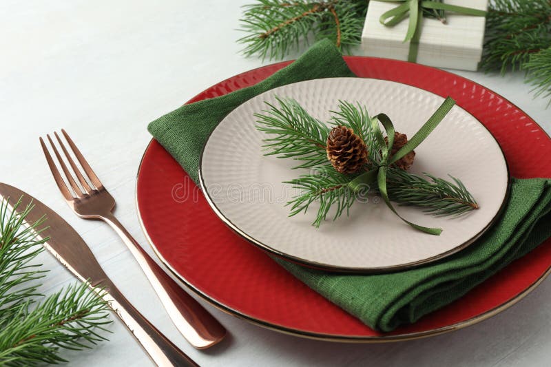 Christmas table setting with festive decor, closeup stock images