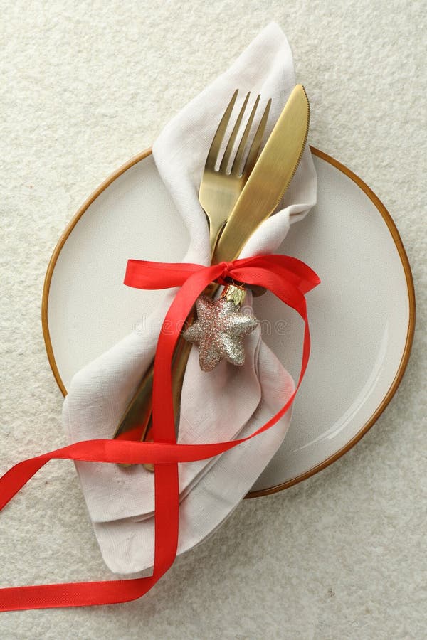 Christmas table setting with festive decor, top view stock photos