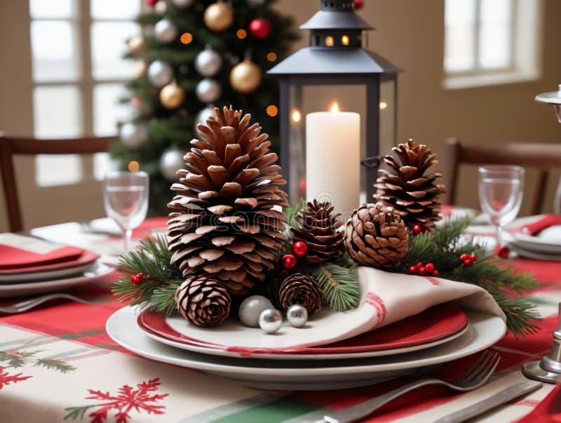 A Christmas Table Setting With Pine Cones And Pine Cones. Generative AI stock illustration