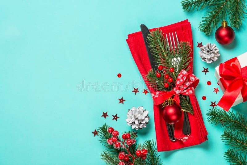 Christmas Table Setting Top View. Stock Image - Image of card, fork ...