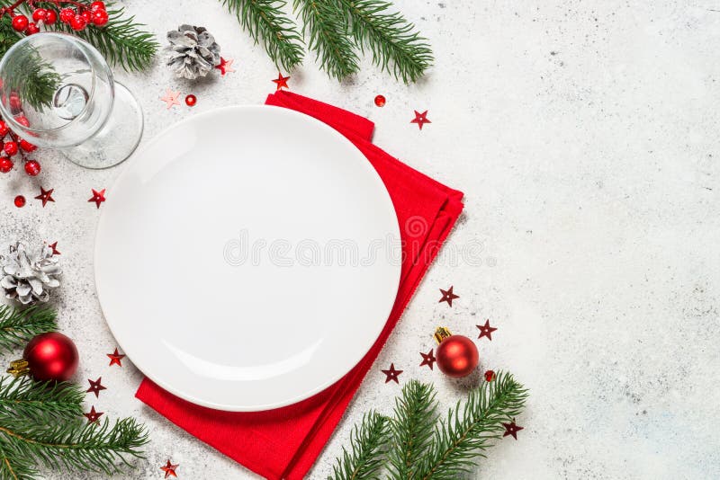 Christmas Table Setting on White Top View. Stock Photo - Image of ...