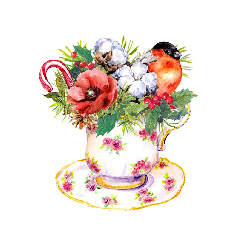 Christmas tea cup - bird, fir tree, mistletoe. Teatime watercolor