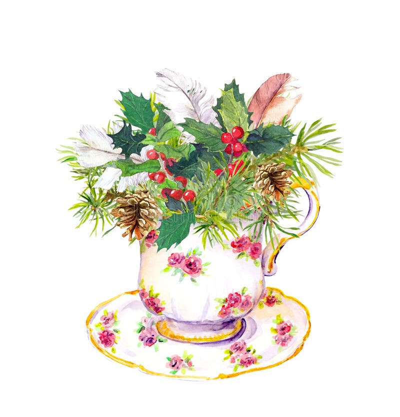 Christmas tea cup - spruce tree, mistletoe, boho feathers. Vintage water color postcard for teatime