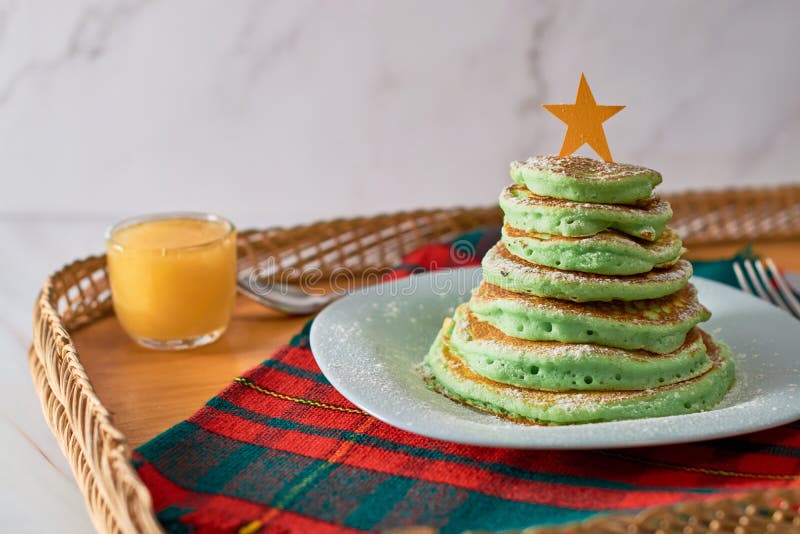 Christmas Themed Breakfast. Pancakes Decorated in the Shape of a Christmas Tree Stock Image