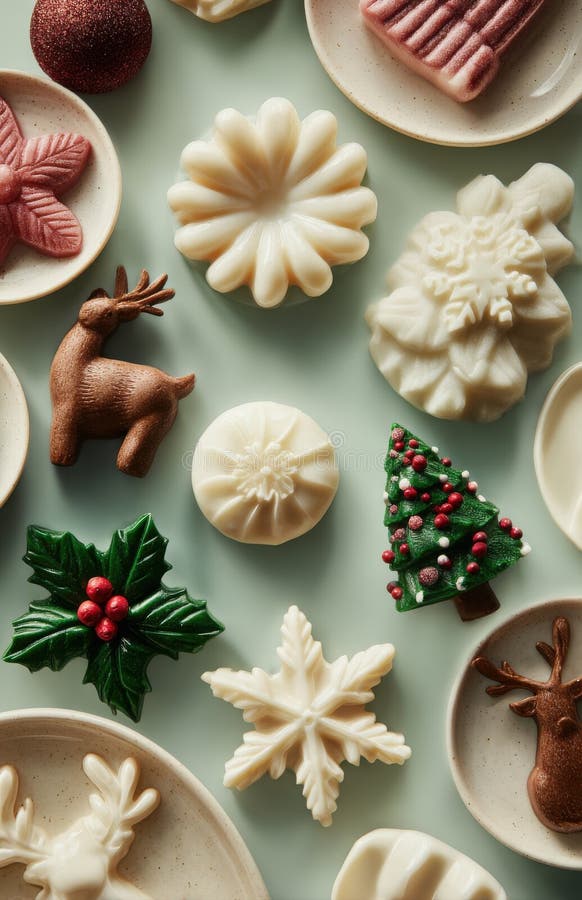 Christmas themed soap bars flat lay on table. Assorted christmas holiday shaped soap bars creating a festive pattern AI generated. Soap snowflake stock images, royalty-free photos and pictures
