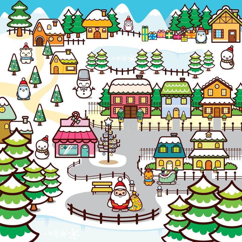 Christmas city coloring page. Christmas Fair on Town Square, street markets  and cute animals. Coloring book for children and adults Stock Vector