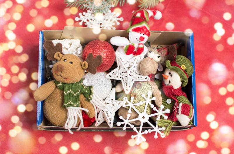 Christmas toys in a box stock photo. Image of basket 82013576