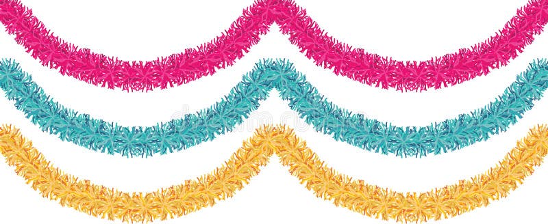 Christmas traditional decorations golden, pink, blue tinsel. Xmas ribbon garland isolated decor element repeating border royalty free illustration