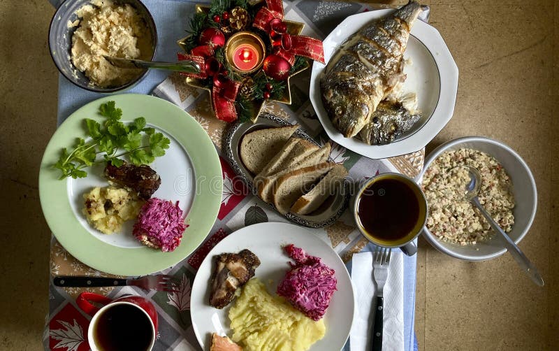 Christmas Treats on the Table, Mashed Potatoes, Fried Fish, Appetizers