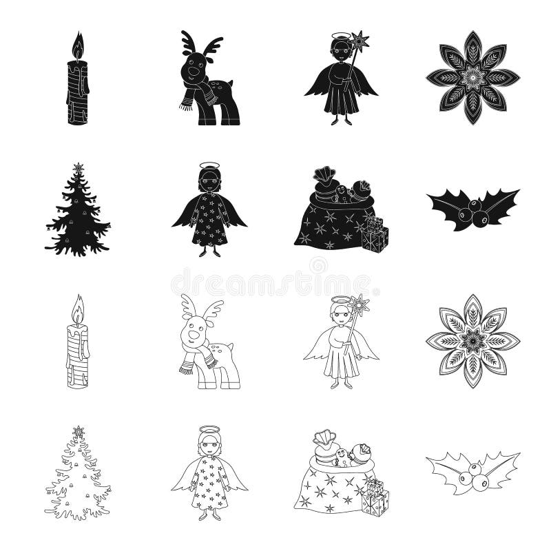 Christmas tree, angel, gifts and holly black,outline icons in set collection for design. Christmas vector symbol stock