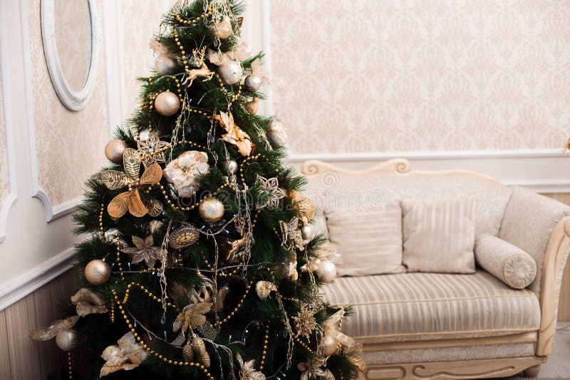 Christmas Tree at the Background of White Sofa Stock Photo Image of