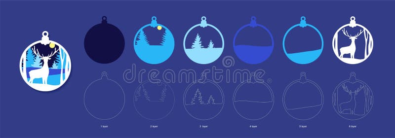 Christmas tree ball template for laser cut with layers. New Year decoration with deer, winter landscape and moon. Wooden