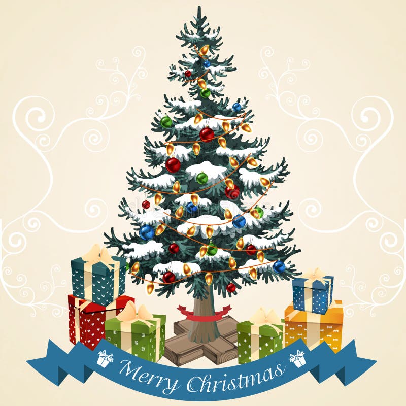 Christmas tree with balls, garland and gifts . Christmas card vector