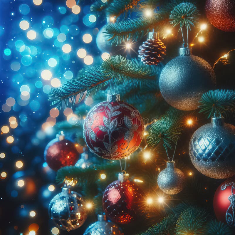 Christmas Tree with Baubles in Blue Night, Abstract Background