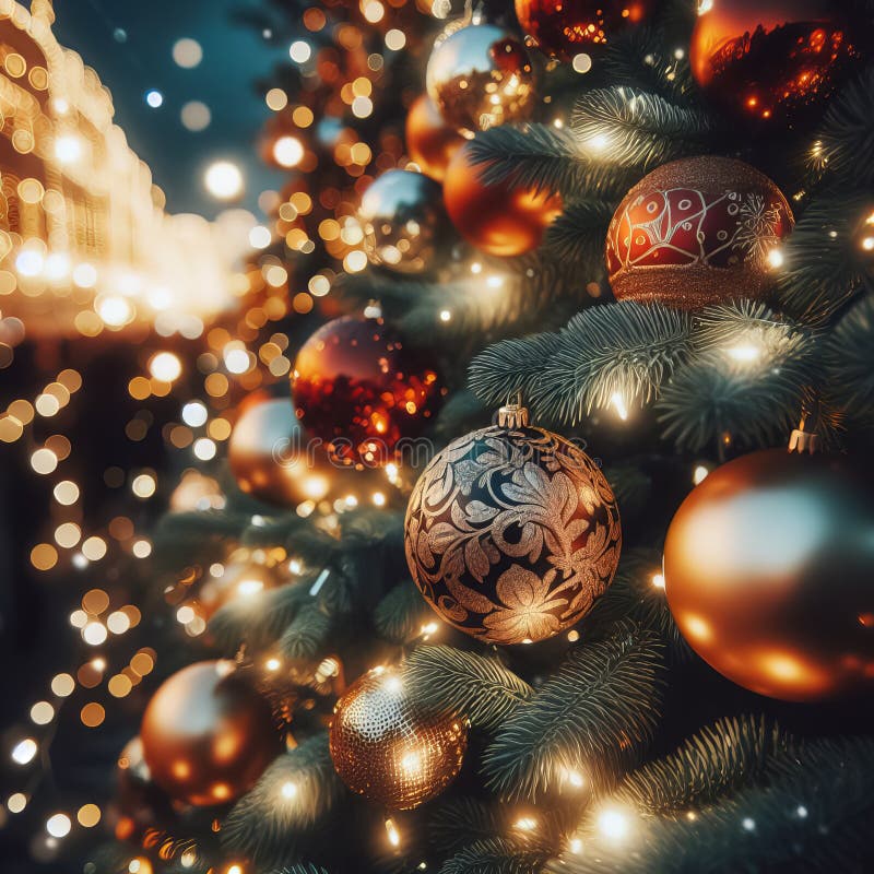 Christmas Tree with Baubles in Blue Night, Abstract Background