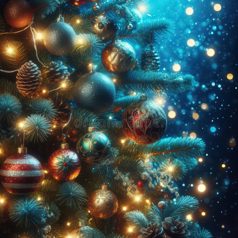 Christmas Tree with Baubles in Blue Night, Abstract Background