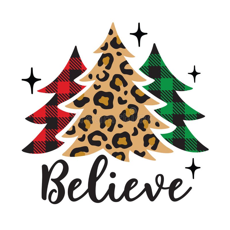 Vector illustration of Christmas trees with leopard print and buffalo plaid p...