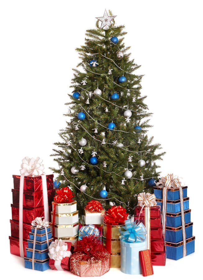 Christmas tree with blue ball, group gift box.