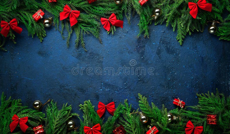 Christmas Tree Branches and Decoration on Top and Bottom. Banner Dark Blue Background Copy Space