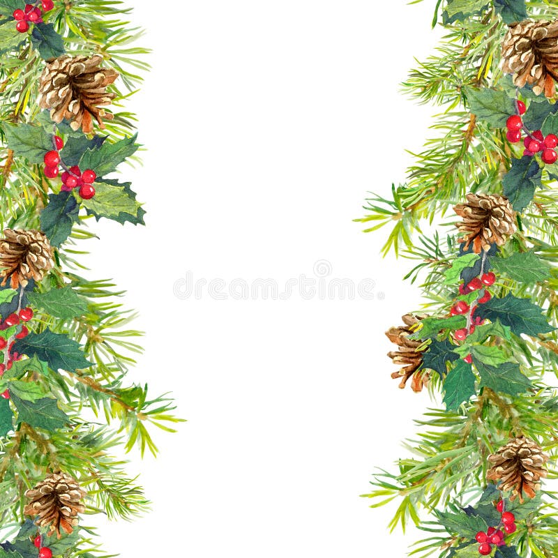 Christmas tree branches, mistletoe. seamless frame. Watercolor