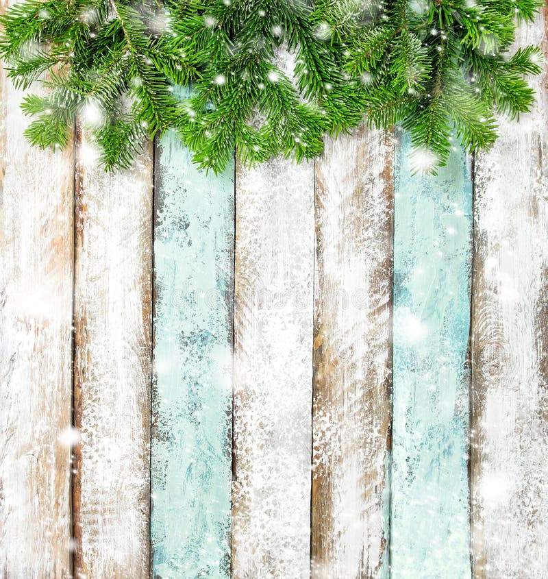 Christmas tree branches rustic wooden background snow.