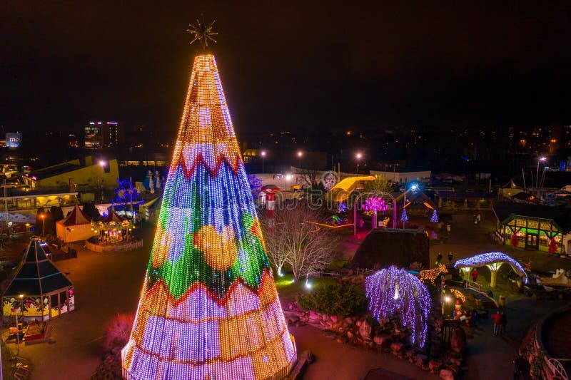 Christmas Tree with Colorful Lights in an Amusement Park at Night Stock