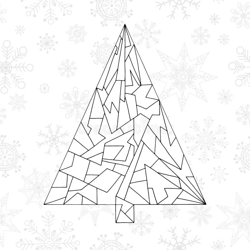 Christmas Tree Coloring Page. Hand Drawn Abstract Winter