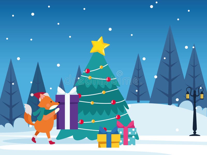 Christmas Tree and Cute Fox with Gift Boxes, Colorful Design Stock