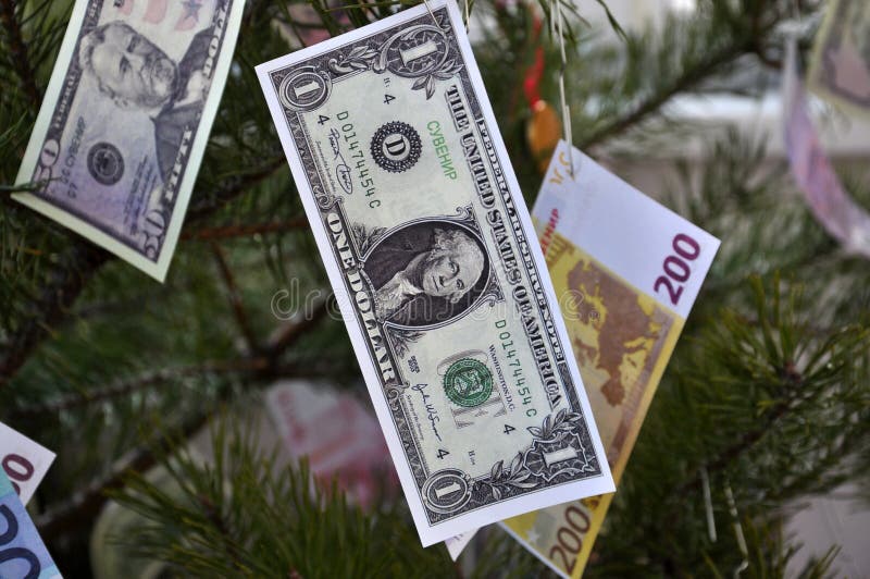 The Christmas Tree is Decorated with Paper Money Stock Image Image of evergreen, euro 132141333