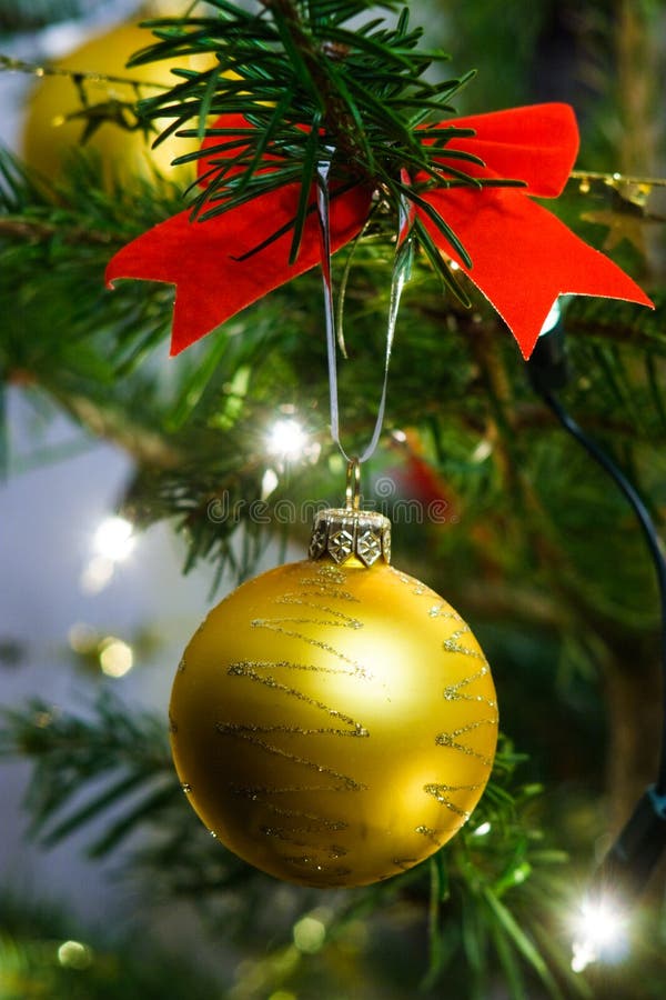 Yellow Christmas Ornaments in Christmas Tree Stock Photo - Image of ...