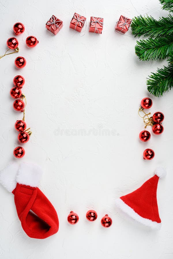 Christmas Tree Decoration, Frame, Top View Flat Lay, on White Stone