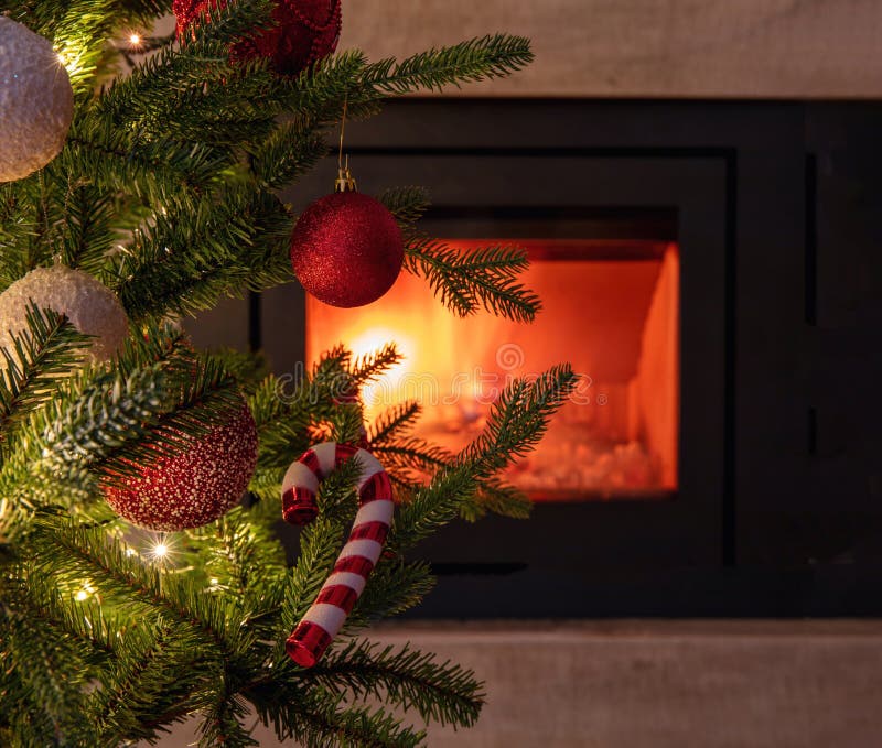 Christmas Tree Decoration and Lights Close Up View, Burning Fireplace ...