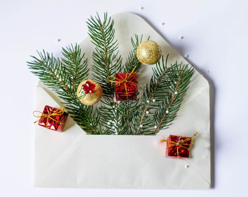 Christmas Tree And Decoration In White Envelope Stock Image Image of