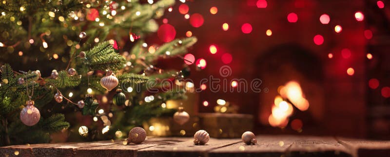 Christmas Tree With Decorations Near A Fireplace