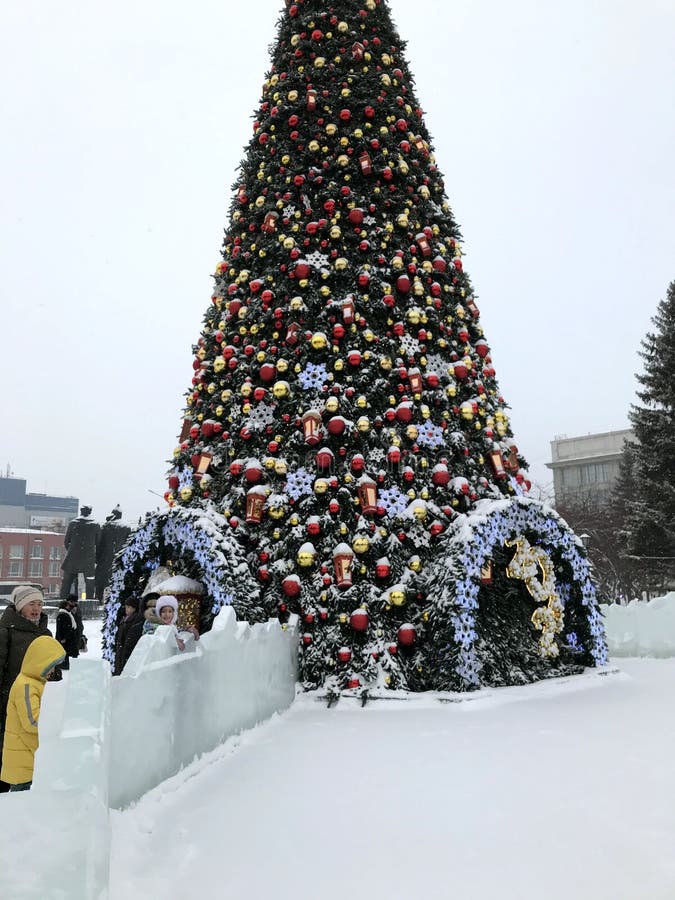 Christmas Tree and Christmas Decorations with Snow Editorial