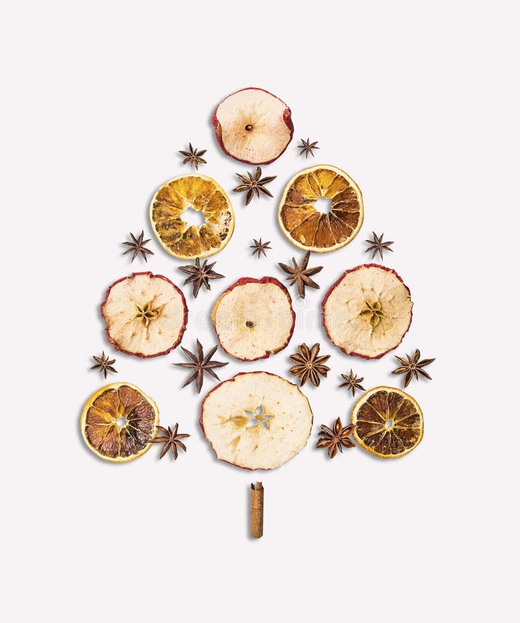 Christmas tree Dry fruits and spice on white