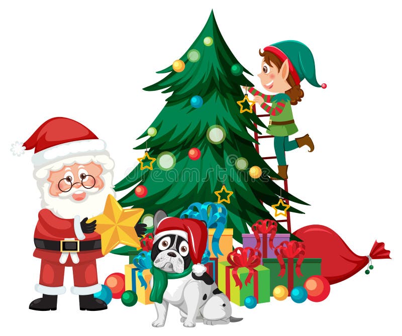 Christmas Tree with Elves Cartoon Character Stock Vector Illustration