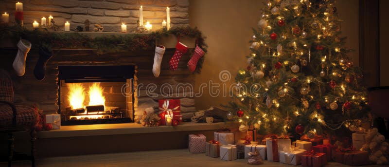 Christmas Tree and Fireplace in a Cozy Living Room Stock Image - Image ...