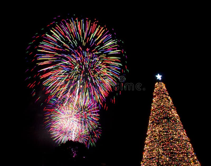 Christmas Tree Fireworks Eve Lights Santa Stock Photo Image 17118690