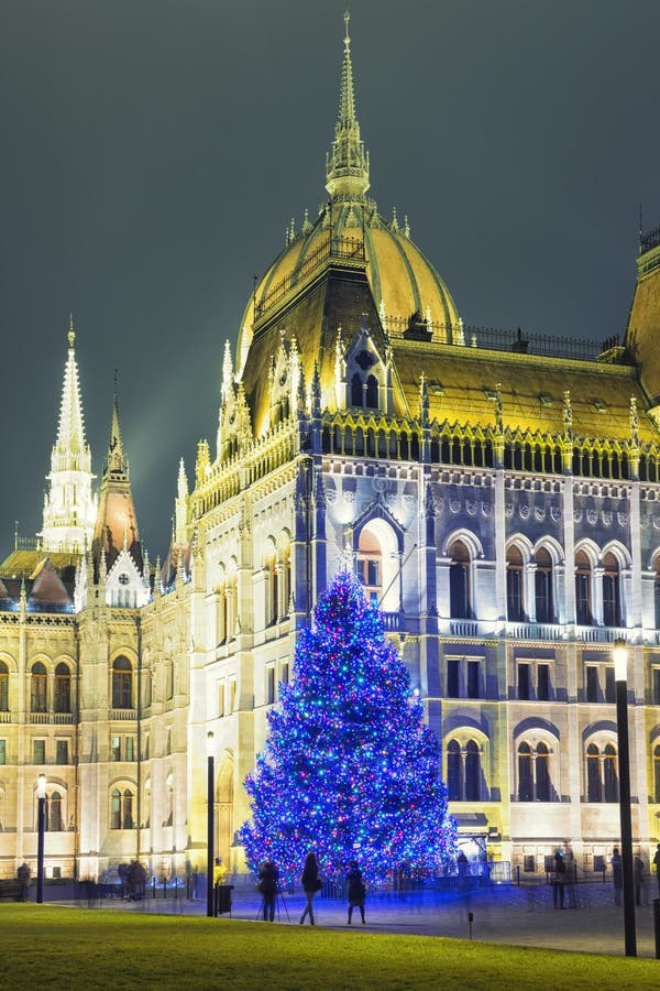 Christmas Tree In Front Off Parliament Building, At Kossuth Square