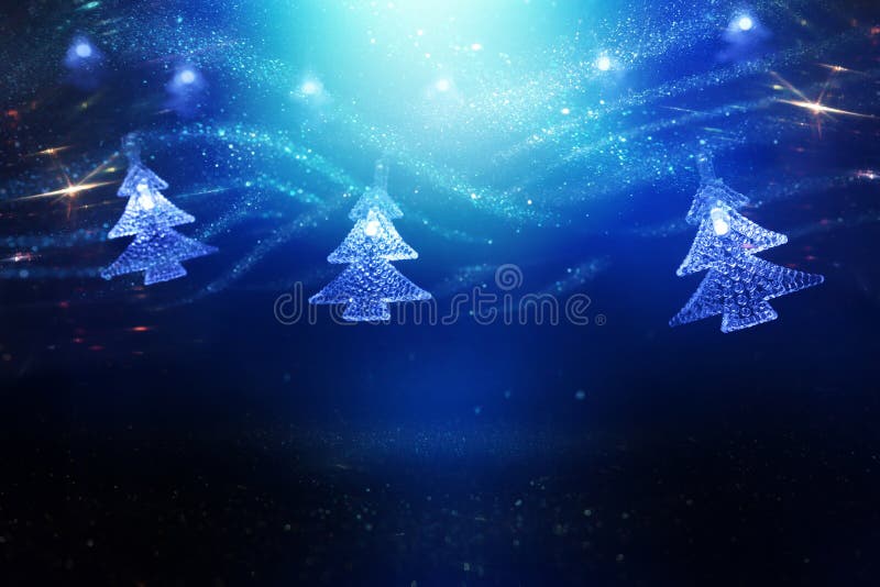 Christmas Tree Garland Lights Over Dark Background with Glitter Overlay Stock Image Image of
