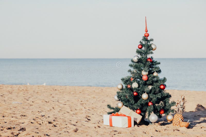 Christmas tree with the gift of tropical resort on the beach