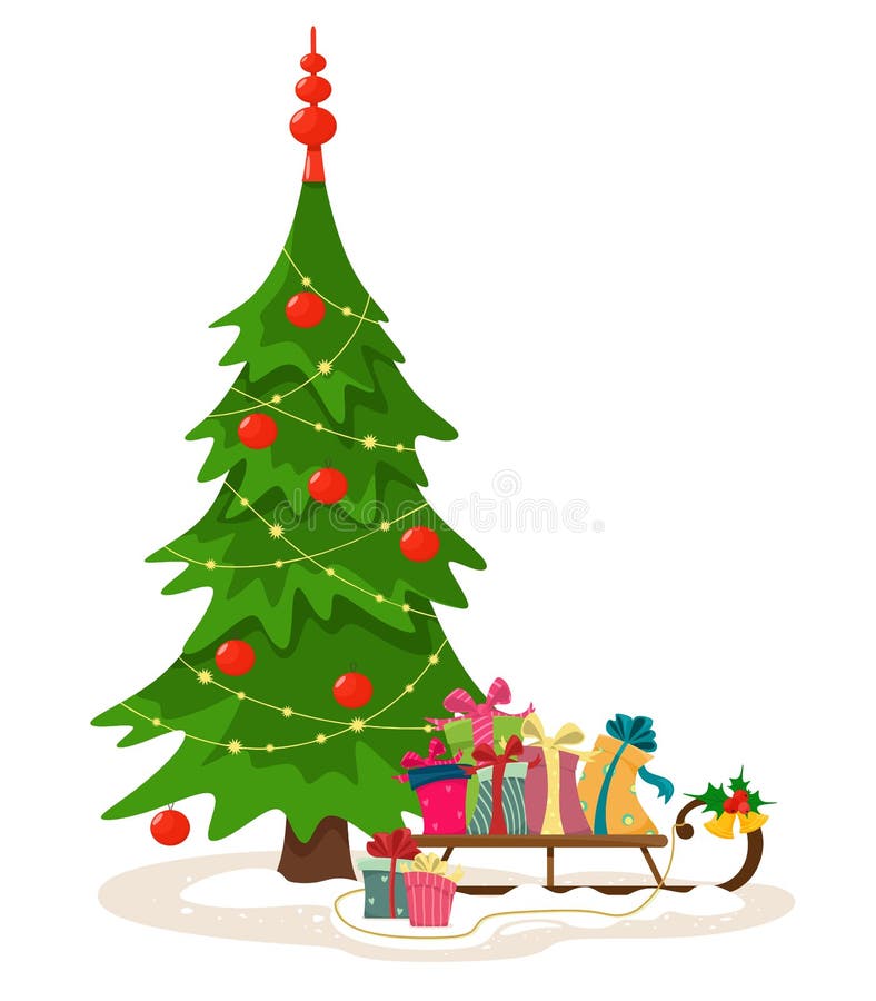 Christmas tree with gifts in a sled. Cute and bright vector illustration in cartoon flat style. Merry Christmas. vector illustration Christmas tree with gifts in a sled. Cute and bright vector illustration in cartoon flat style. Merry Christmas. vector illustration