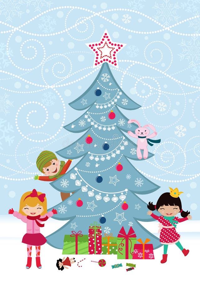 Download Christmas Tree And Happy Kids Stock Vector - Illustration of christmas, girl: 21875416