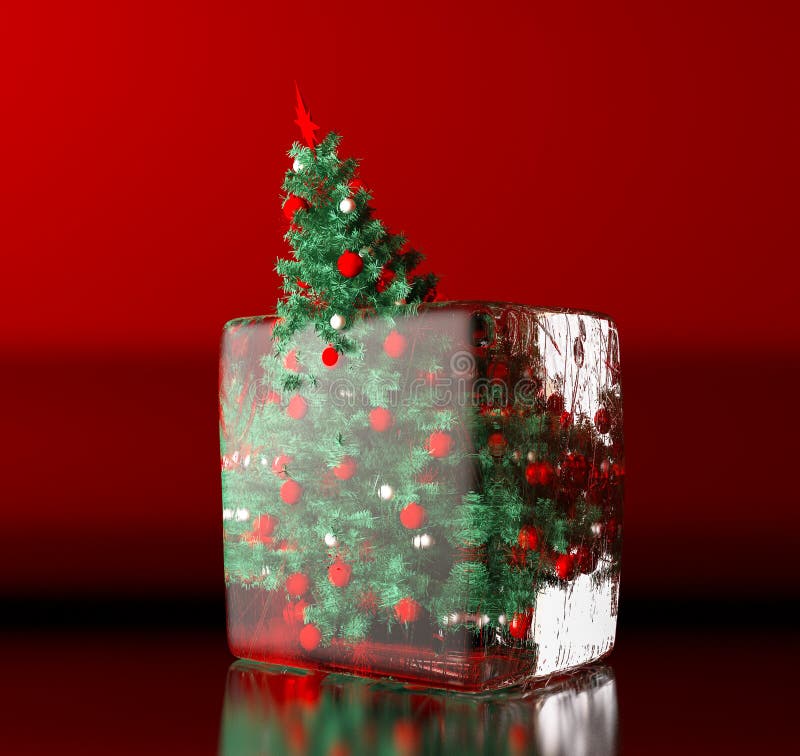 Christmas tree in ice cube 3d render