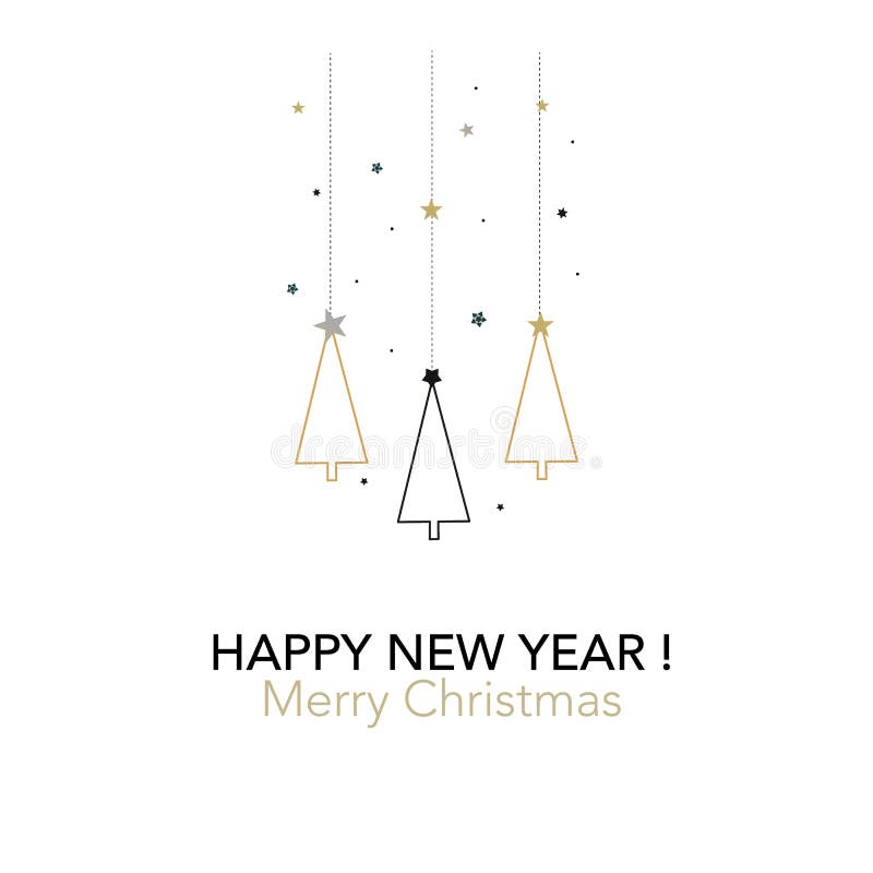Christmas tree icon. Hanging simple black and gold pine tree. Happy new year greeting card vector illustration