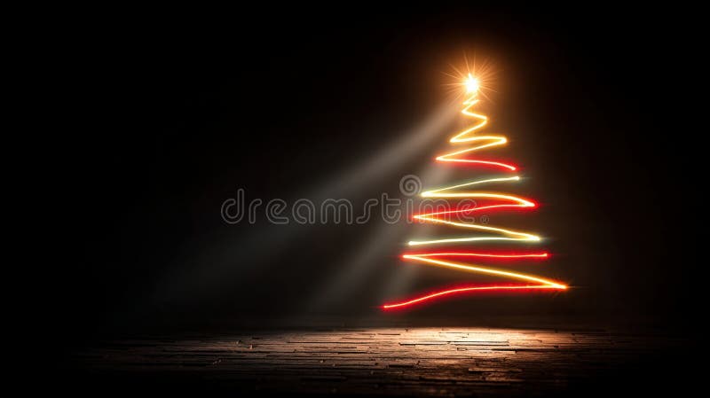 Christmas tree illuminated by a bright light beam, glowing decorations, dark background, festive night scene. stock image